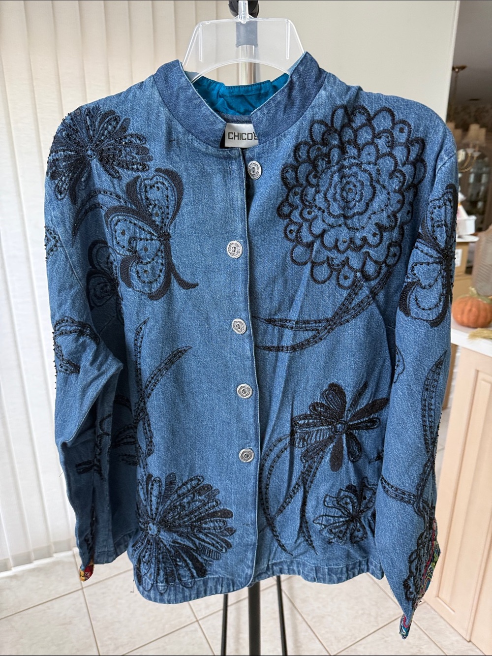 Chico's Denim Jacket with Black Floral Embroidery